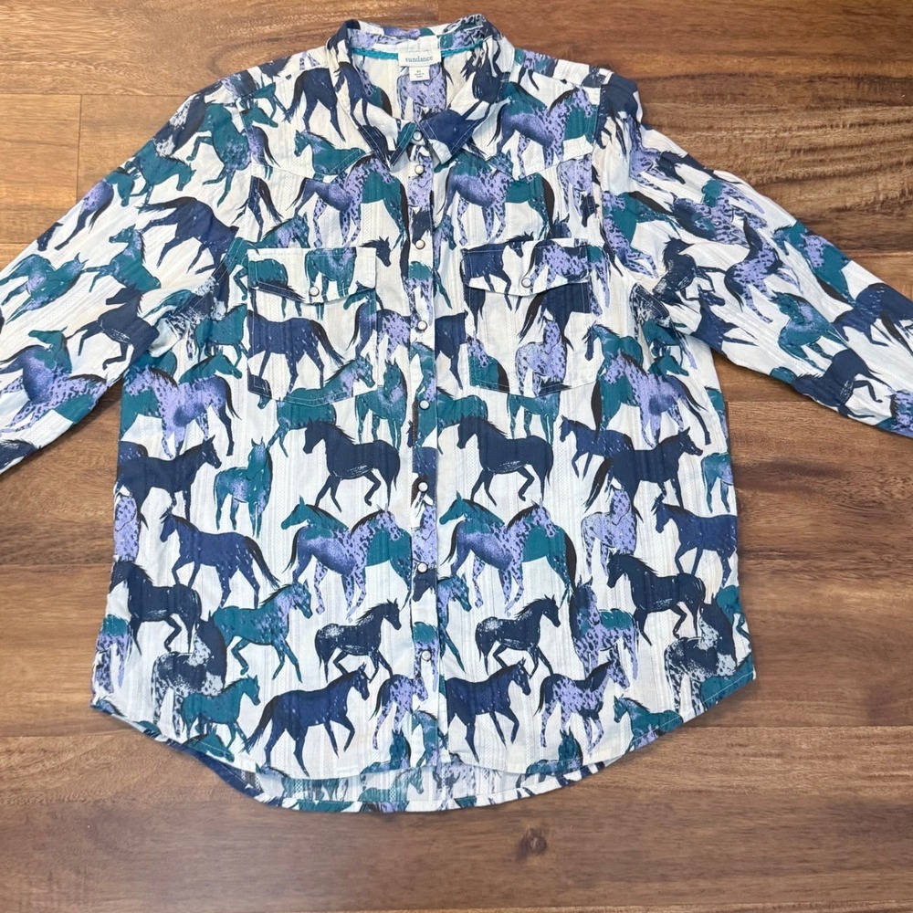Sundance Women XL Western Pearl Snap Horse Print Cotton Dobby Shirt Blue Teal